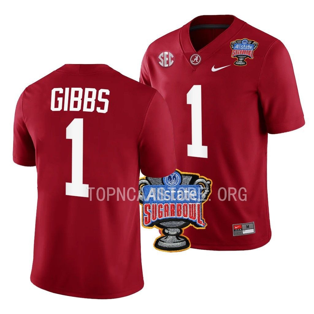 Men's Alabama Crimson Tide Jahmyr Gibbs #1 Crimson 2022 Sugar Bowl NCAA College Football Jersey